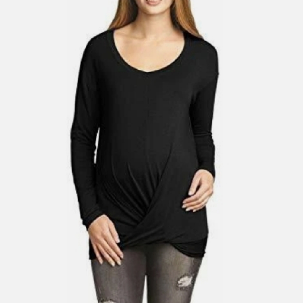 Women's Front Hem Twist Maternity Top; Black